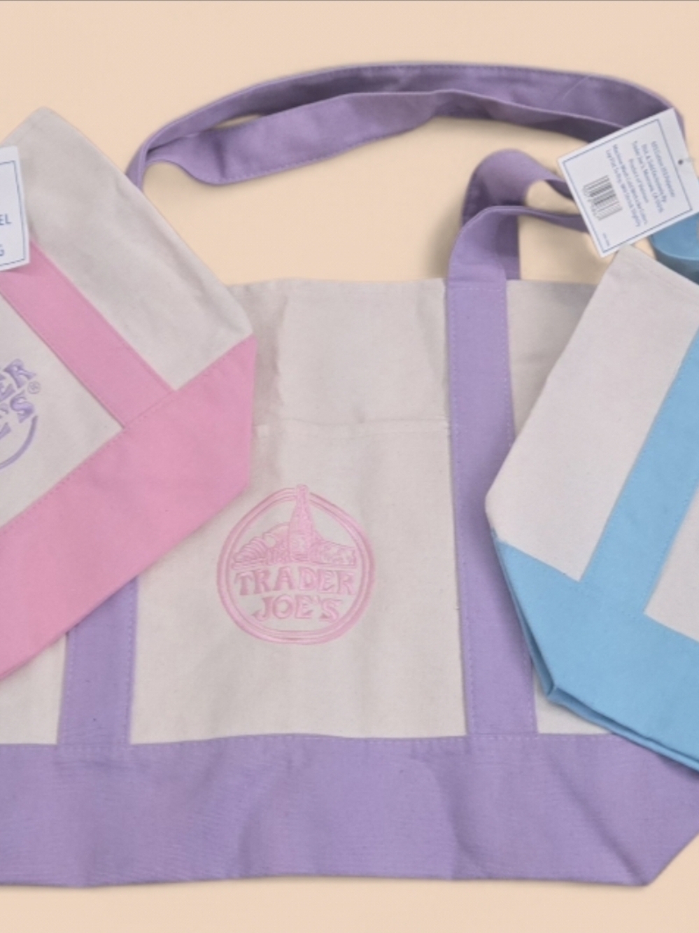 TRADER JOE'S PASTEL CANVAS TOTE BAG BUNDLE - 1 LARGE PURPLE & 2 MINI (PINK & BLU